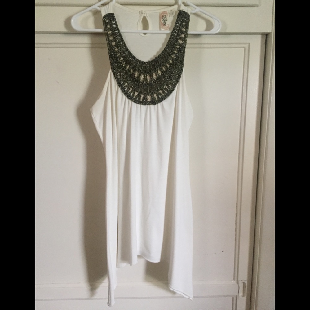 White Tunic length top with Embellished Neckline